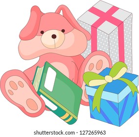 A vector illustration of a cartoon bunny with gift boxes