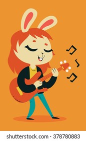 Vector illustration of a cartoon bunny girl with closed eyes and leather jacket playing an electric guitar next to floating musical notes..
