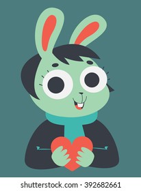 Vector illustration of a cartoon bunny girl holding a heart in her hands.
