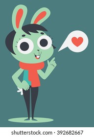 Vector illustration of a cartoon bunny girl standing with a hand on the hip and the other pointing up, next to a gloating balloon with a heart inside.