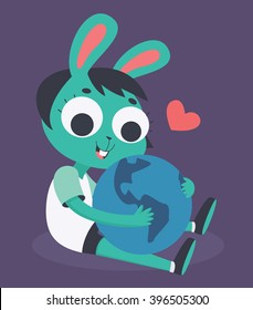 Vector illustration of a cartoon bunny girl sitting, holding and loving the planet Earth.