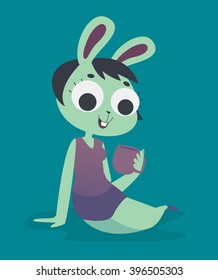 Vector illustration of a cartoon bunny girl sitting and drinking hor beverage in a mug.