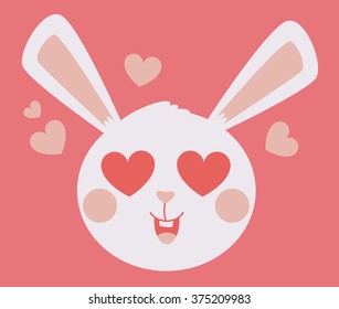 Vector Illustration Of A Cartoon Bunny Head With Hearts In Its Eyes Next To Floating Hearts.
