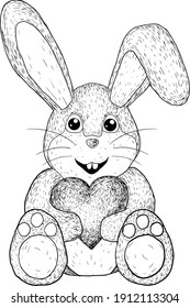 Vector illustration cartoon bunny with heart in hands drawn in strokes.