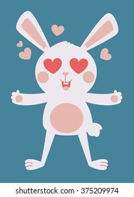 Vector illustration of a cartoon bunny with hearts in its eyes with open arms next to floating hearts.
