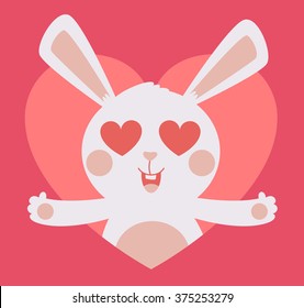 Vector illustration of a cartoon bunny with hearts in its eyes with open arms inside a giant heart.