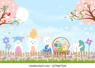 Vector illustration Cartoon of bunny holding Easter eggs, Cute Rabbits playing outdoor in the field under cherry blossom  trees. Greeting card for children on Easter 