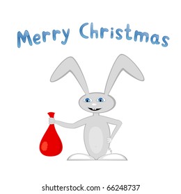 Vector illustration of cartoon bunny with presents and "Merry Christmas" title
