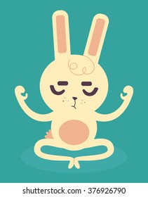 Vector illustration of a cartoon bunny sitting and meditating with closed eyes.