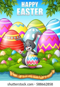 Vector illustration of Cartoon bunny waving hand with holding easter egg in the woods near the river