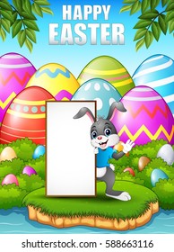 Vector illustration of Cartoon bunny waving hand with blank sign in the forest near the river