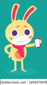 Vector illustration of a cartoon bunny wearing a disposable mask and holding a phone.