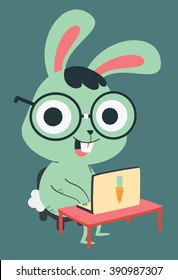 Vector illustration of a cartoon bunny wearing glasses, sitting in front of a computer with a carrot logo, with hands on the keyboard.