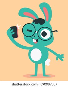 Vector illustration of a cartoon bunny wearing glasses, holding a cell phone and taking a selfie.