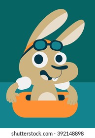 Vector illustration of a cartoon bunny wearing bath suit and goggles, playing in the pool with floats.