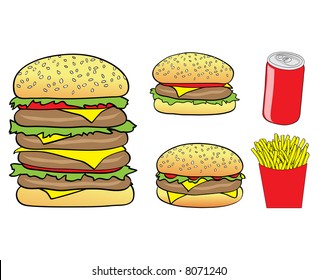 Vector Illustration of Cartoon Burgers, Chips and a Can isolated on a white background