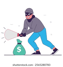 A vector illustration of a cartoon burglar stealthily carrying a large green money bag filled with dollar bills. Perfect for websites, cartoons, children's books, or any project needing a fun,