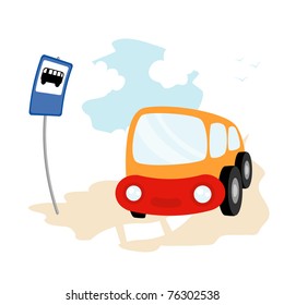 Vector illustration of cartoon bus on the road
