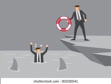 Vector illustration of a cartoon business executive struggling in the sea with circling sharks and his friend going to throw him a life saving buoy. 