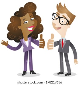 Vector illustration of a cartoon business man and woman both giving the thumbs up.
