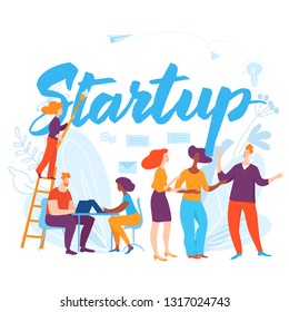 Vector illustration with cartoon business people taking conversation and working on startup business. 