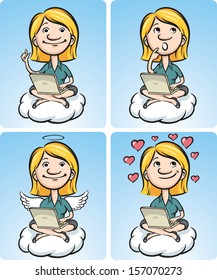 Vector illustration of cartoon business woman on a cloud with laptop. Easy-edit layered vector EPS10 file scalable to any size without quality loss. High resolution raster JPG file is included. 