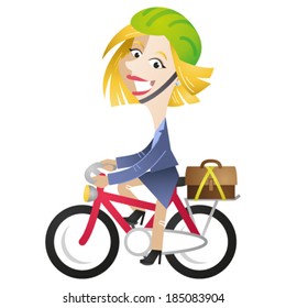 Vector illustration of a cartoon business woman commuting, riding her bike.