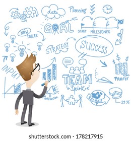 Vector illustration of a cartoon businessman (back view) scribbling business related words on a wall.