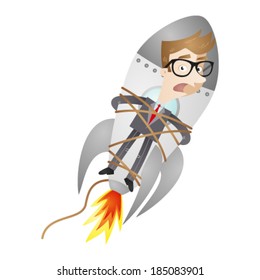 Vector illustration of a cartoon businessman being fired and tied to a rocket.