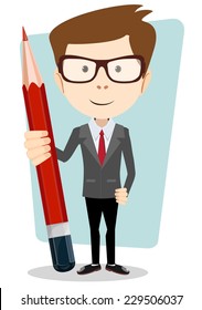 Vector illustration of a cartoon businessman with a big red pencil in his hands.