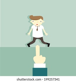 Vector illustration of a cartoon businessman: Busted, shocked looking man with the hand pointing at him. 