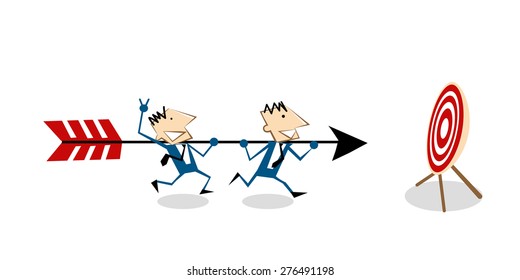 Vector illustration cartoon businessman carrying arrow and running to hitting the center bulls-eye in archery target. Conceptual business teamwork  to success target. isolated on white background.