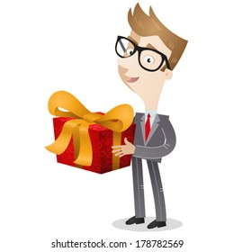 Vector illustration of a cartoon businessman holding red gift box with big yellow bow.