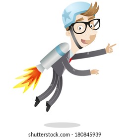 Vector illustration of a cartoon businessman with jet pack and helmet flying and pointing forward.