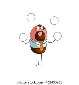 Vector illustration of cartoon businessman juggling with circles, symbolizing time management.