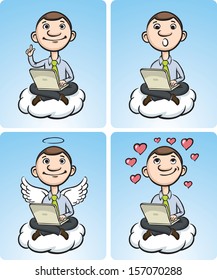 Vector illustration of cartoon businessman on a cloud with laptop. Easy-edit layered vector EPS10 file scalable to any size without quality loss. High resolution raster JPG file is included.