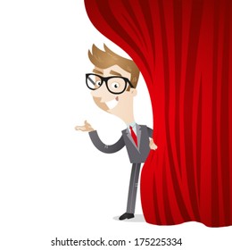 Vector Illustration of a cartoon businessman on stage pulling a red curtain aside with welcoming gesture (JPEG also available).