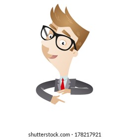 Vector illustration of a cartoon businessman pointing at a blank board in front of him.