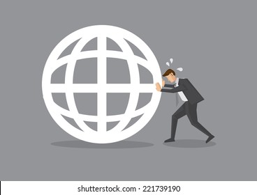 Vector illustration of a cartoon businessman pushing hard and trying to move a globe. Conceptual design.