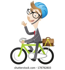 Vector Illustration Of A Cartoon Businessman Riding His Bike On The Way To Work.