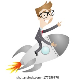 Vector illustration of a cartoon businessman sitting on a rocket pointing and showing directions.