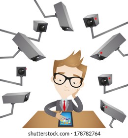 Vector illustration of a cartoon businessman sitting at his desk surrounded by surveillance cameras spying on him.