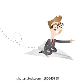 Vector illustration of a cartoon businessman sitting on a paper plane pointing forward.