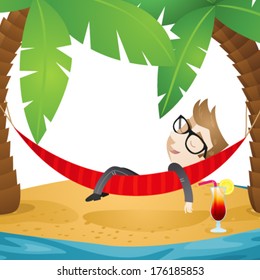 Vector illustration of a cartoon businessman sleeping in a hammock on the beach of an island (close-up) (JPEG version also available in my gallery). 