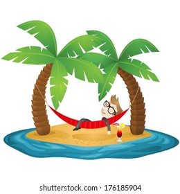 Vector illustration of a cartoon businessman sleeping in a hammock on the beach of an island (JPEG version also available in my gallery). 