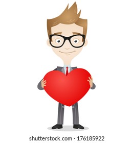 Vector illustration of a cartoon businessman smiling and holding a big red heart (JPEG version also available in my gallery). 
