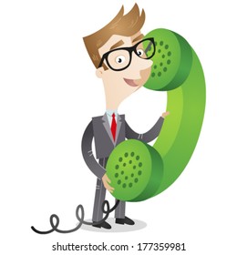 Vector illustration of a cartoon businessman speaking into a huge green telephone receiver. 