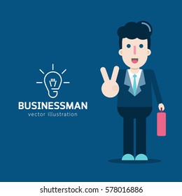 Vector illustration of cartoon businessman in suit on blue background.