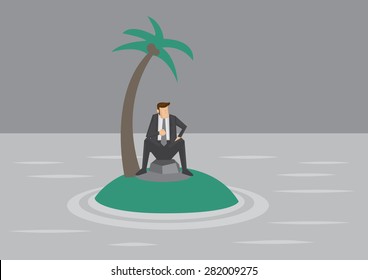 Vector illustration of cartoon businessman trapped on a tiny tropical island surrounded by water.