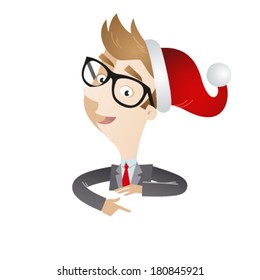 Vector illustration of a cartoon businessman wearing a santa hat and pointing at blank sign in front of him.